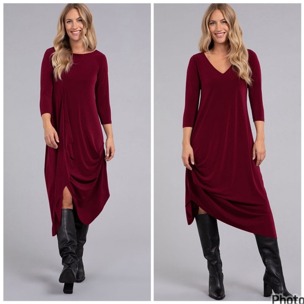 Sympli (Red) Asymmetrical 3/4 Sleeve Dress - Picture 10 of 14